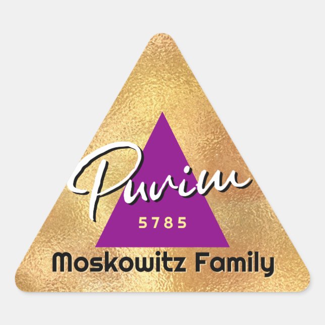  Personalized Happy Purim - Gold Hamentash Triangle Sticker (Front)