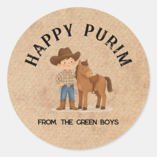 Personalized Happy Purim Round Sticker - Cowboy