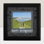 Personalized Happy Retirement Gifts for Mom Grey Gift Box<br><div class="desc">Celebrate a special retirement occasion with our Personalized Gift Box, the perfect customizable keepsake for Mom. Adorned with a beautiful design and personalized text and photos, this versatile box can organize small items, add a touch of elegance to any room, or even be used as a unique gift wrap. The...</div>