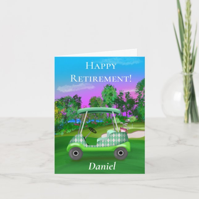 Personalized Happy Retirement Golf Sunset Green Card (Front)
