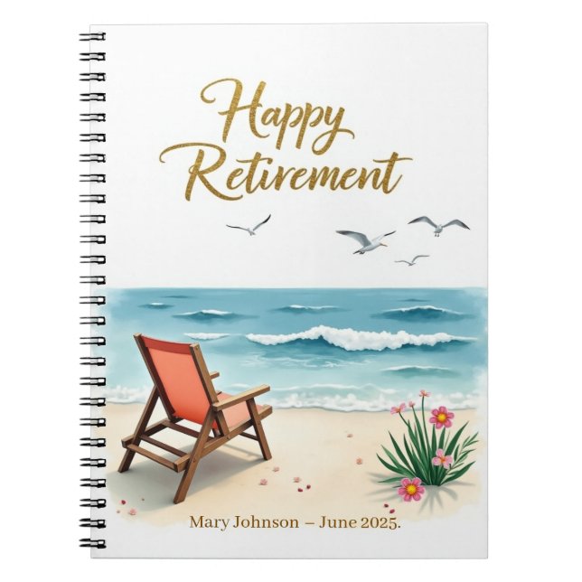 Personalized Happy Retirement Watercolor Beach  Notebook (Front)