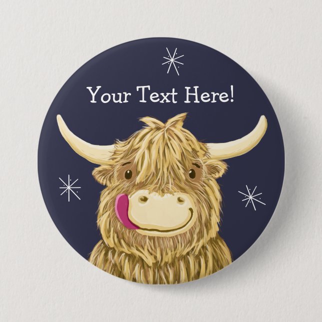 Personalized Happy Scottish Highland Cow 3 Inch Round Button (Front)