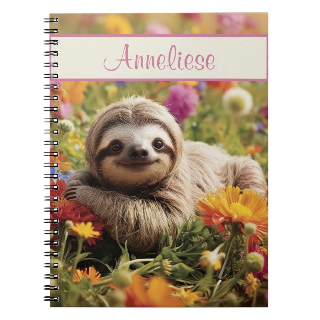 Personalized Happy Sloth in Flowers Notebook (Front)
