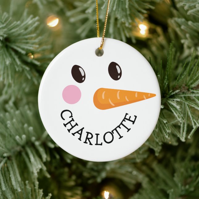 Personalized Happy Snowman Face Monogram Christmas Ceramic Ornament (Tree)