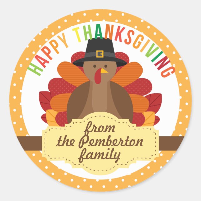 Personalized Happy Thanksgiving Cute Turkey Classic Round Sticker (Front)
