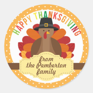Personalized Happy Thanksgiving Cute Turkey Classic Round Sticker