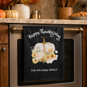 Personalized Happy Thanksgiving Floral Pumpkin Kitchen Towel