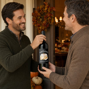 Personalized Happy Thanksgiving Floral Pumpkin Wine Label