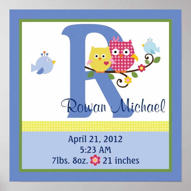 Personalized Happy Tree/Owls 2 Birth Info Poster (Front)