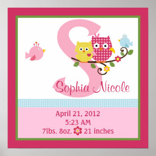 Personalized Happy Tree/Owls Birth Info Poster