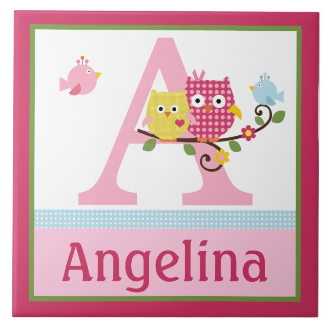 Personalized Happy Tree Owls Letter Name Tile (Front)