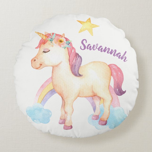 Personalized Happy Unicorn Pillow with Flowers (Front)