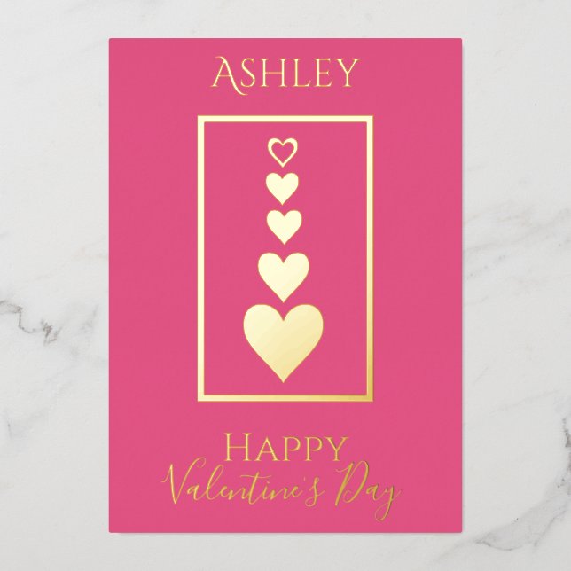 Personalized Happy Valentine's Day Modern Hearts Foil Holiday Card (Front)