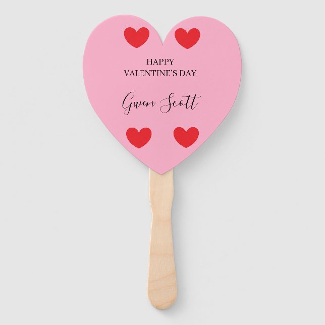Personalized Happy Valentine's red heart pink Hand Fan (Front)