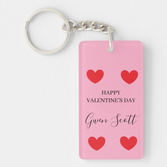 Personalized Happy Valentine's red heart pink Keychain (Front)
