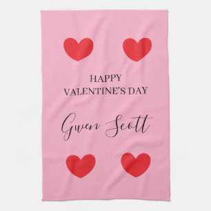 Personalized Happy Valentine's red heart pink Kitchen Towel