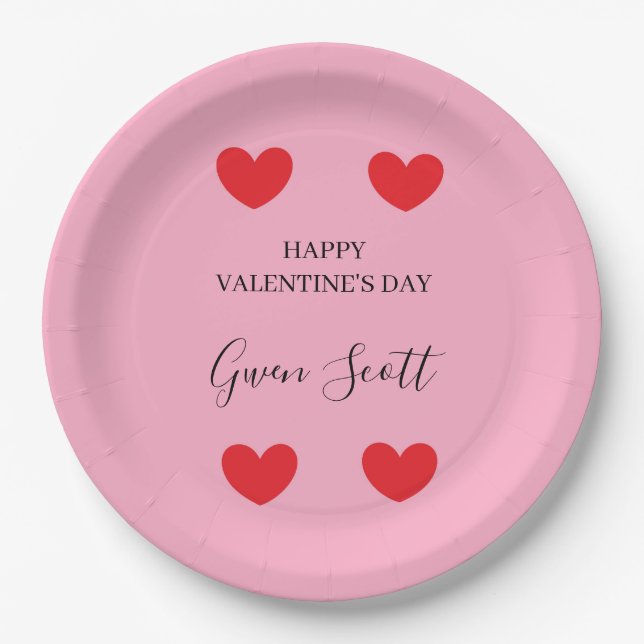 Personalized Happy Valentine's red heart pink Paper Plate (Front)