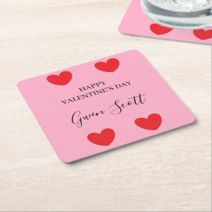 Personalized Happy Valentine's red heart pink Square Paper Coaster