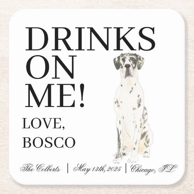Personalized Harlequin Great Dane Wedding Square Paper Coaster (Front)