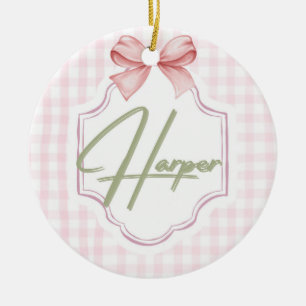 Personalized Harper Baby Girl Nursery Bow&Gingham  Ceramic Ornament