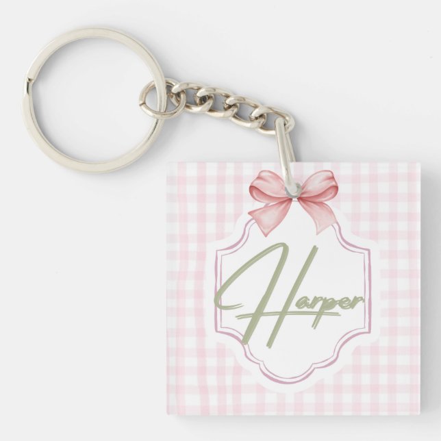 Personalized Harper Baby Girl Nursery Bow&Gingham  Keychain (Front)