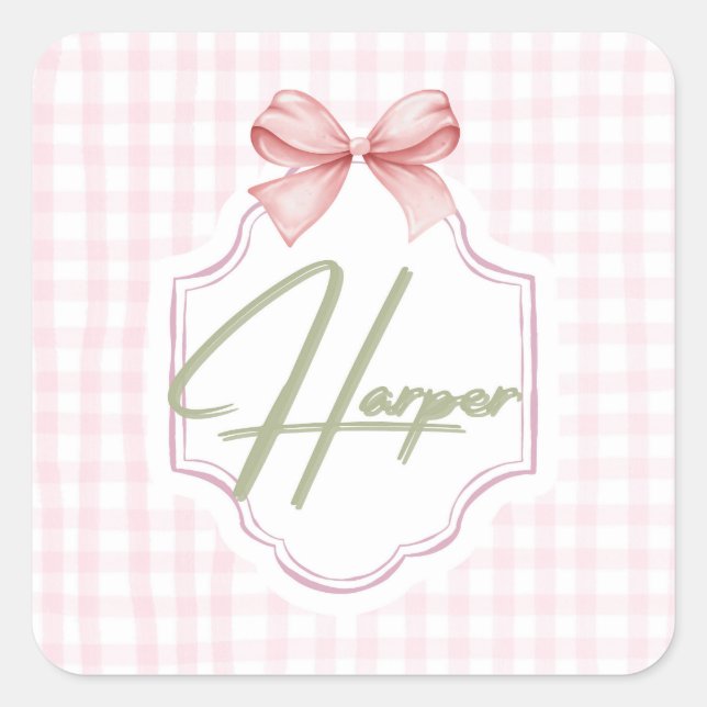 Personalized Harper Baby Girl Nursery Bow&Gingham  Square Sticker (Front)