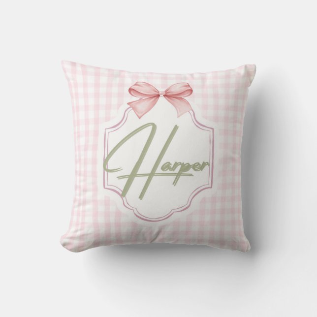 Personalized Harper Baby Girl Nursery Bow&Gingham  Throw Pillow (Front)