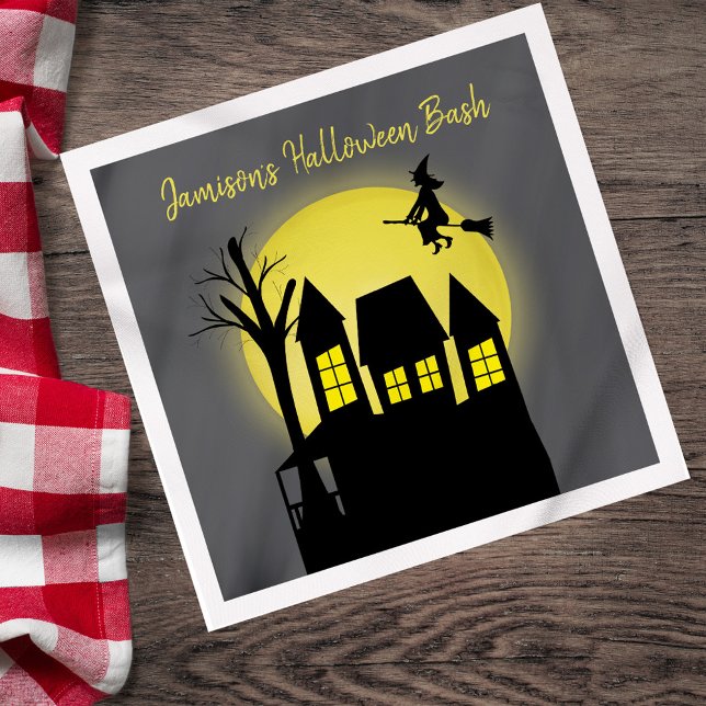 Personalized Haunted House Halloween Bash Cocktail Napkin (Personalized Halloween bash napkin with haunted house and witch.)