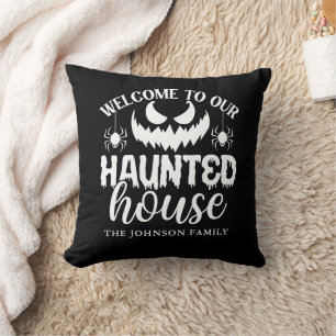 Personalized Haunted House Halloween Family Throw Pillow