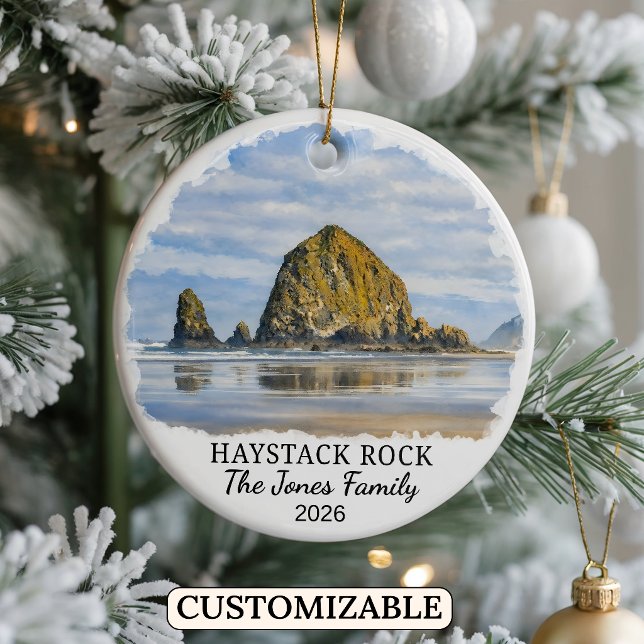 Personalized Haystack Rock Ornament, Custom Oregon Ceramic Ornament (Creator Uploaded)