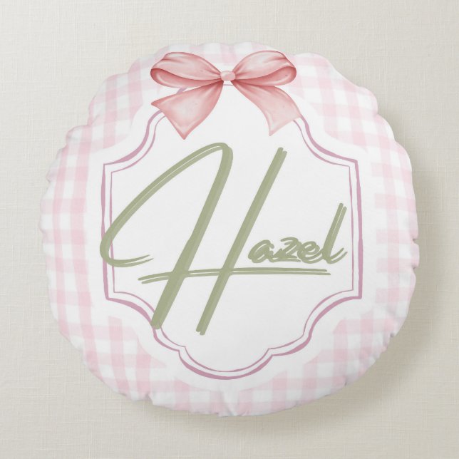Personalized Hazel Baby Girl Nursery Bow&Gingham  Round Pillow (Front)