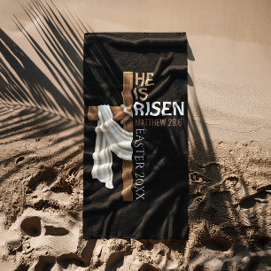 Personalized He Is Risen Vintage Easter Cross Beach Towel