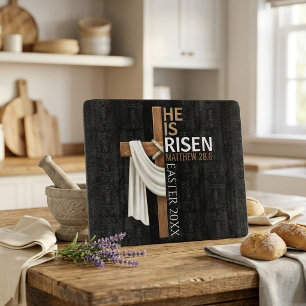 Personalized He Is Risen Vintage Easter Cross Cutting Board