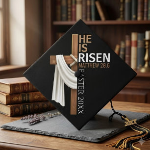 Personalized He Is Risen Vintage Easter Cross Graduation Cap Topper