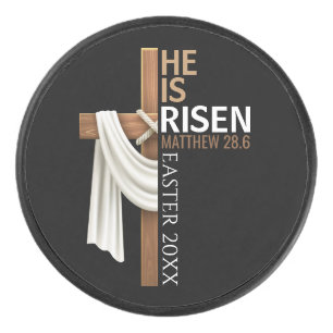 Personalized He Is Risen Vintage Easter Cross Hockey Puck