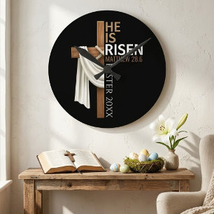 Personalized He Is Risen Vintage Easter Cross Round Clock
