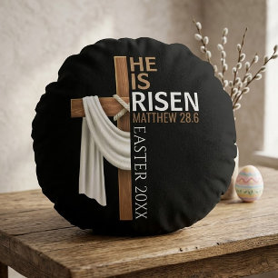 Personalized He Is Risen Vintage Easter Cross Round Pillow