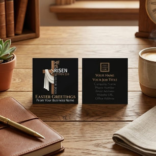 Personalized He Is Risen Vintage Easter Cross Square Business Card