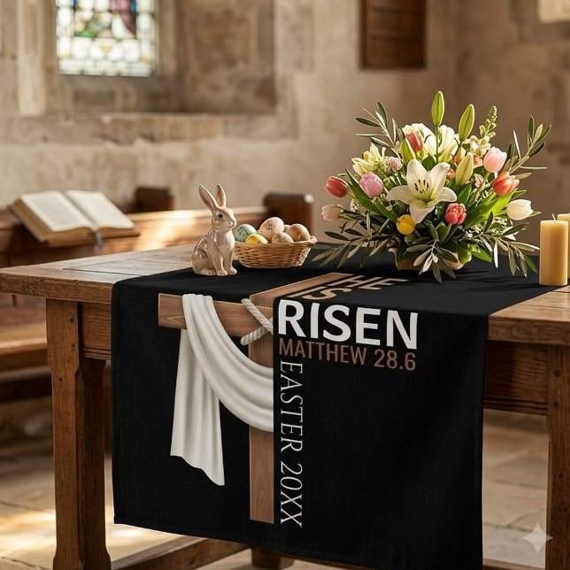 Personalized He Is Risen Vintage Easter Cross Tablecloth (Creator Uploaded)