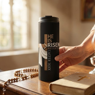 Personalized He Is Risen Vintage Easter Cross Thermal Tumbler