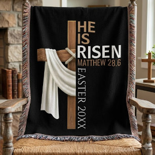 Personalized He Is Risen Vintage Easter Cross Throw Blanket