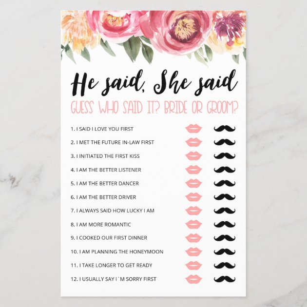 He Said She Said Game Pink Floral Bridal Shower Printable Pink Bridal Shower Game Shabby Chic Bridal Shower 040