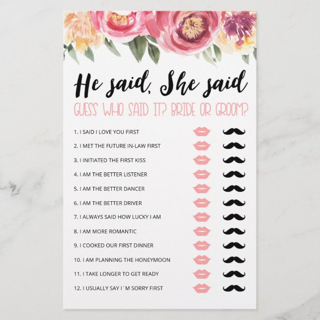 Personalized He said, She said Bridal Shower game (Front)