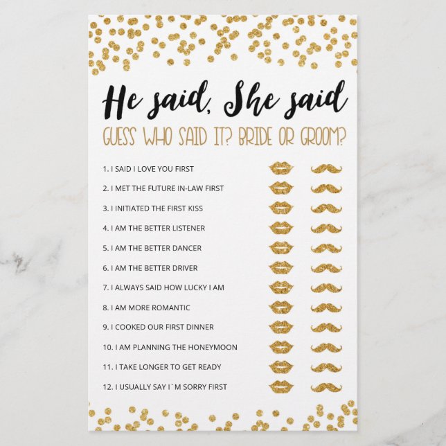 Personalized He said, She said Bridal Shower game (Front)