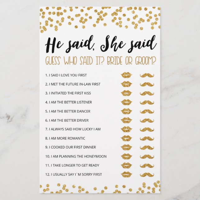 Personalized He said, She said Bridal Shower game (Front)