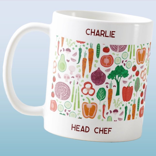 Personalized Head Chef Coffee Mug (Fun Head Chef personalized name coffee mug featuring a vegetable pattern)