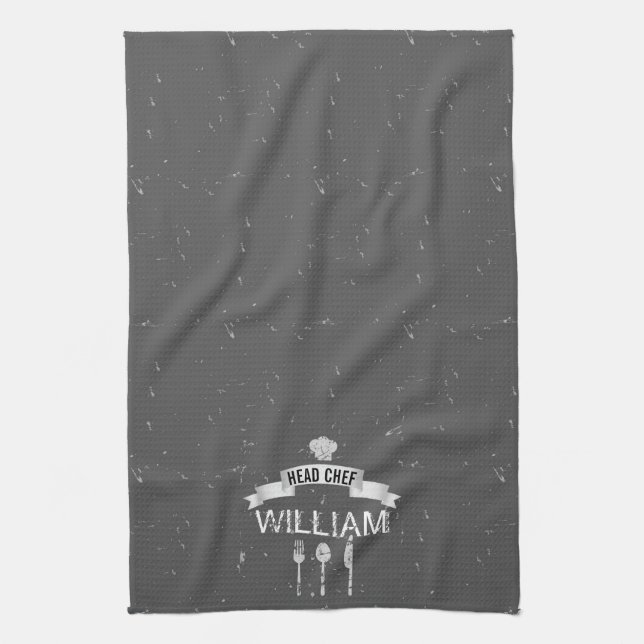 Personalized Head Chef grey kitchen towel (Vertical)