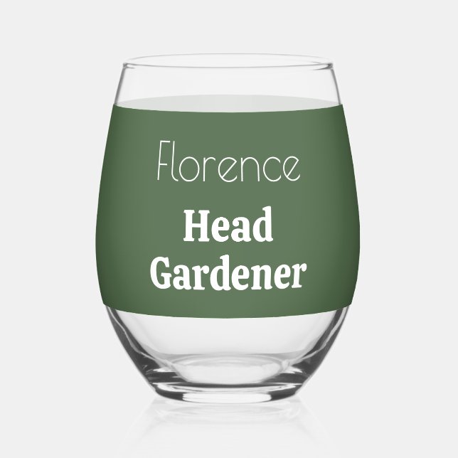 Personalized Head Gardener Sage Green Garden Lover Stemless Wine Glass (Front)