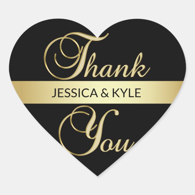 Personalized Heart Black Gold Wedding Thank You Sticker (Front)