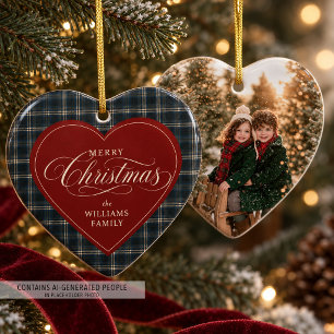 Personalized Heart Christmas Photo Navy Plaid Ceramic Ornament